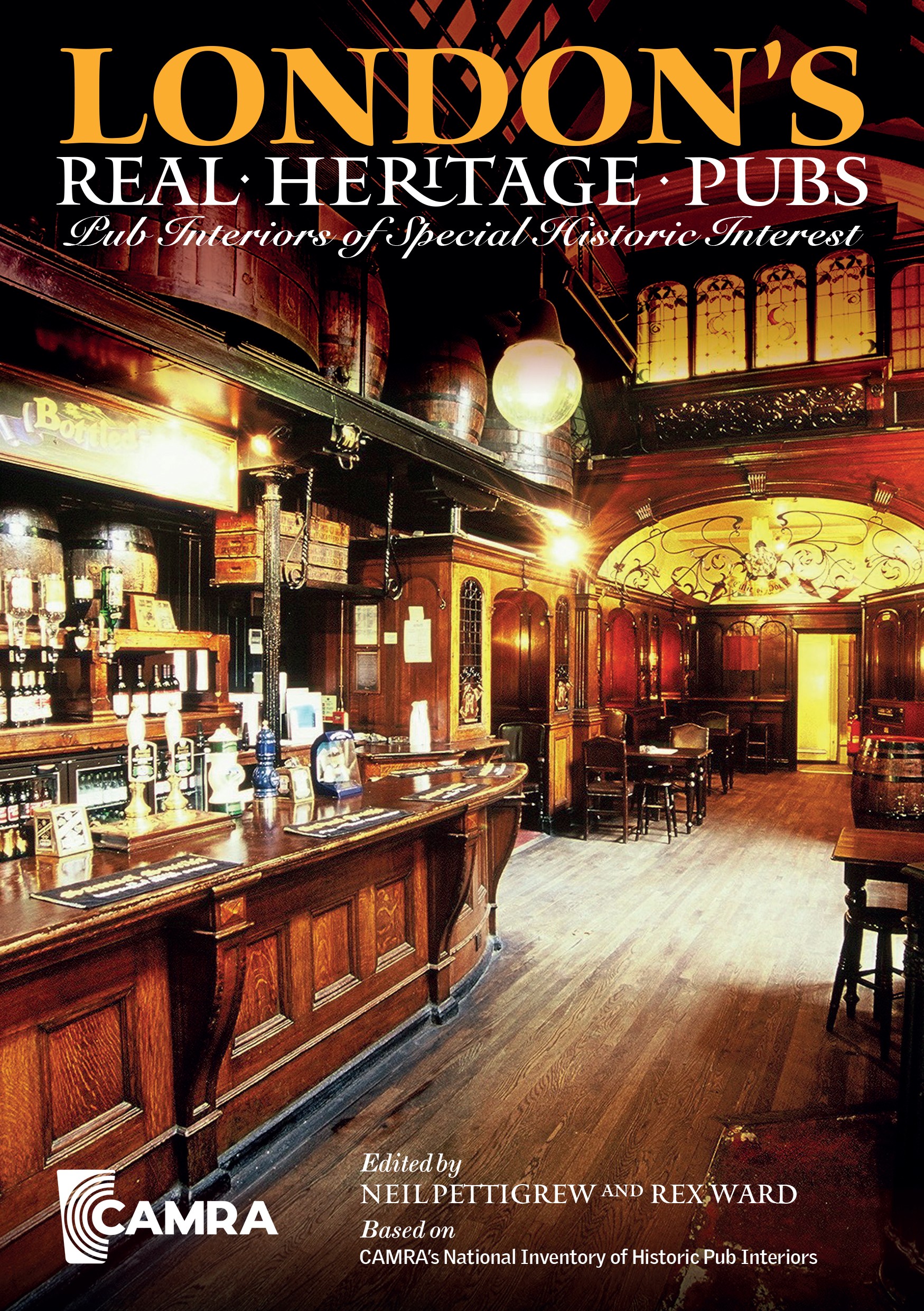 A book cover with a photo of a pub interior, with wooden panbelling and a long wooden bar. Ornate windows, mirrors, stained glass and lighting are shown.