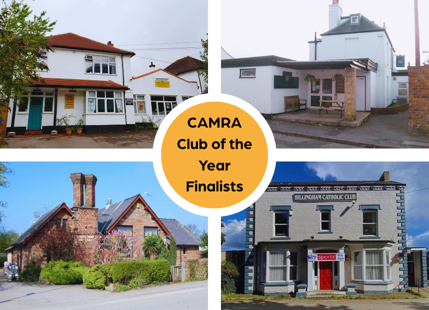 Four pictures of four different clubs split by a white border. A Yellow circle is in the centre with black text inside