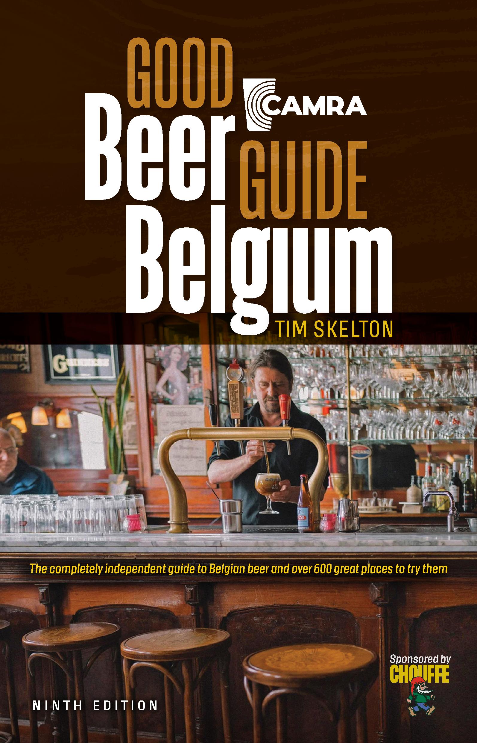 Cover of "Good Beer Guide Belgium" by Tim Skelton. A bartender pours draft beer in a cosy bar setting, with white and gold text on a brown background above the photo.