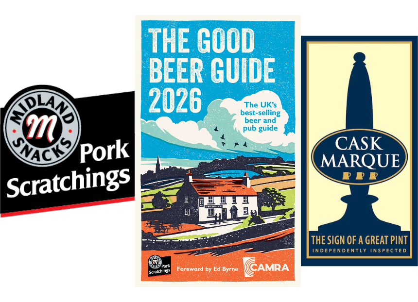 In the centre is the front cover of the Good Beer Guide, which features a retro illustration of a pub in the countryside. On the left is a black sash with white text and a grey roundel. On the right is a navy cask handpull over a cream background