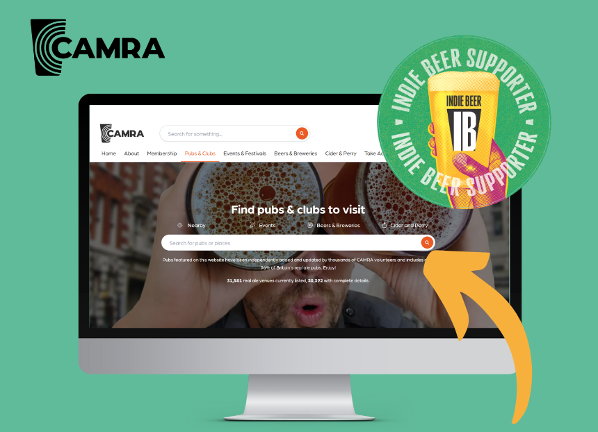 Green graphic with the CAMRA pub search page in the centre, the image is placed to an animated computer screen. Overlapping the top right corner of the image is the green indie beer logo. Below the image there is the text: 'Find venues supporting SIBA's Indie Beer Campaign, now on our website!'. In there top left there is also the CAMRA logo.
