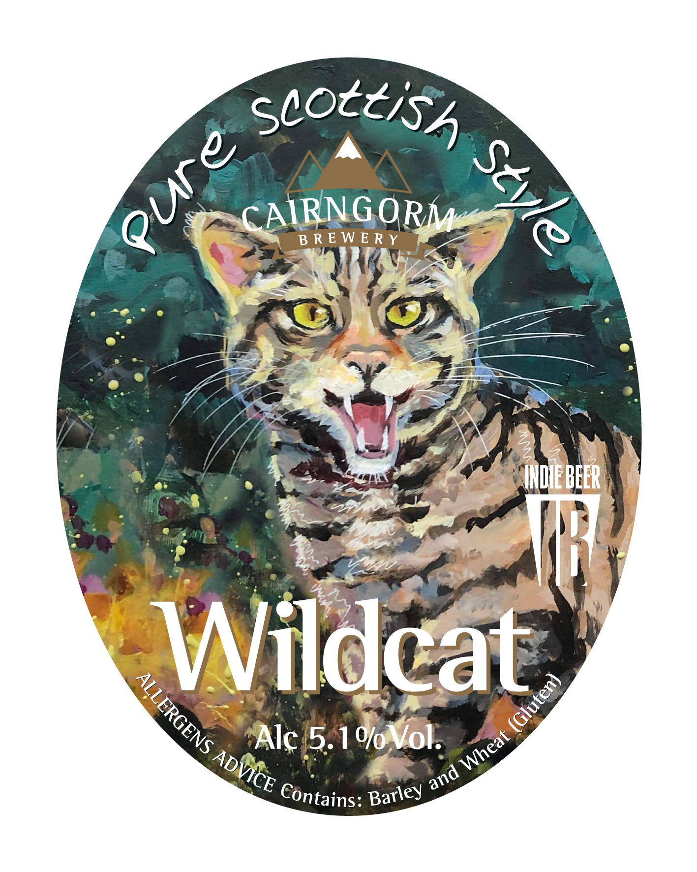 Pumpclip art of the Champion Beer of Britain Silver winner, Wildcat by Cairngorm Brewery, featuring an image of a wildcat with an open mouth, illustred in a painted style. Text reads 'Pure Scottish Style', 'Alc 5.1% Vol