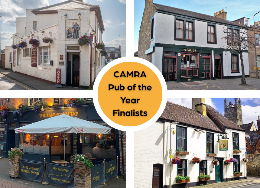 Four pictures of four different pubs split by a white border. A Yellow circle is in the centre with black text inside
