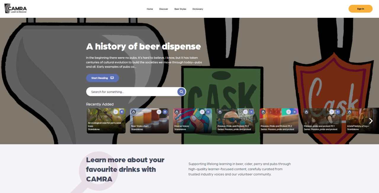 a screenshot of the new Learn and Dsicover platform, which shows an illustration of cask handpulls, images from other articles and a rounded search bar 